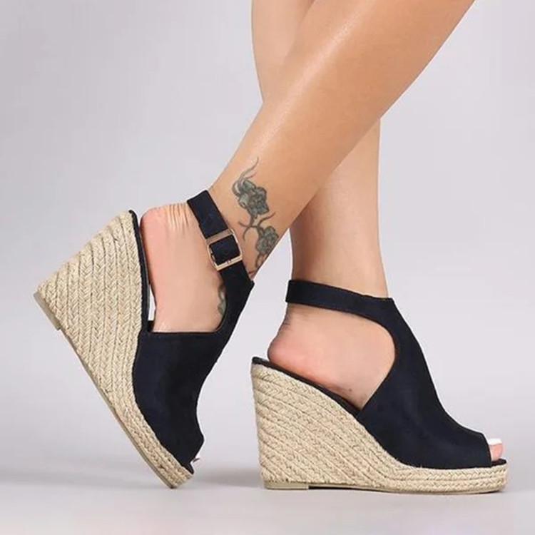 Cross-border trade large-sized women's sandals, thick-soled wedge heel fish-mouth sandals, women's one-shoulder buckle with suede, fashionable and casual sandals details Picture