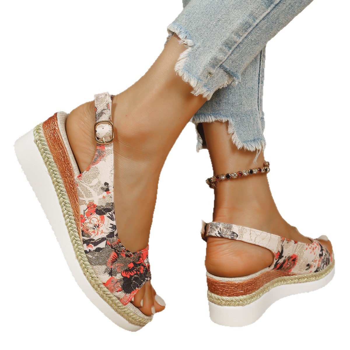 Spring/Summer 2025 Women's plaque-sized one-piece thick-soled women's sandals with muffin, women's button-up wedge heel fish-mouth women's sandals Item Picture