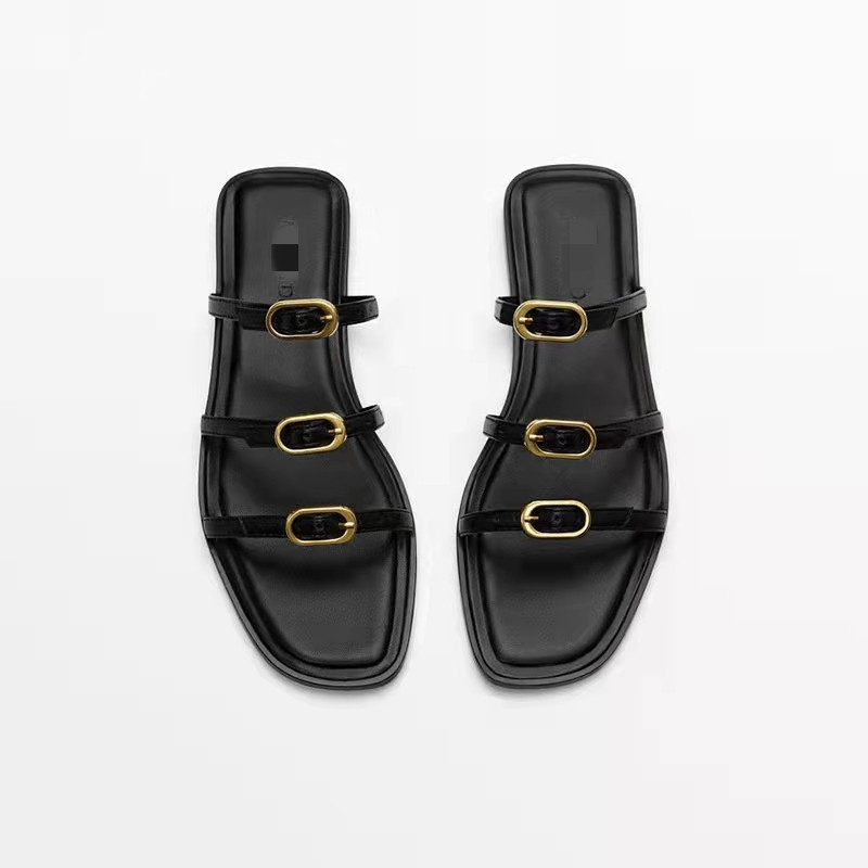 The M D brand women's shoes feature a one-strap slipper and a metal-clasp flat, open-toe, three-strap decorated sandal with a comfortable flat surface Specification drawing