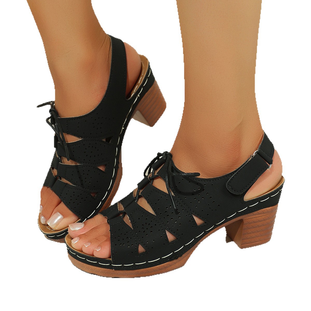 Cross-border large-sized one-strap new fish-mouth high-heeled sandals for women 2025 New European and American thick-heeled large-sized lace-up sandals Item Picture