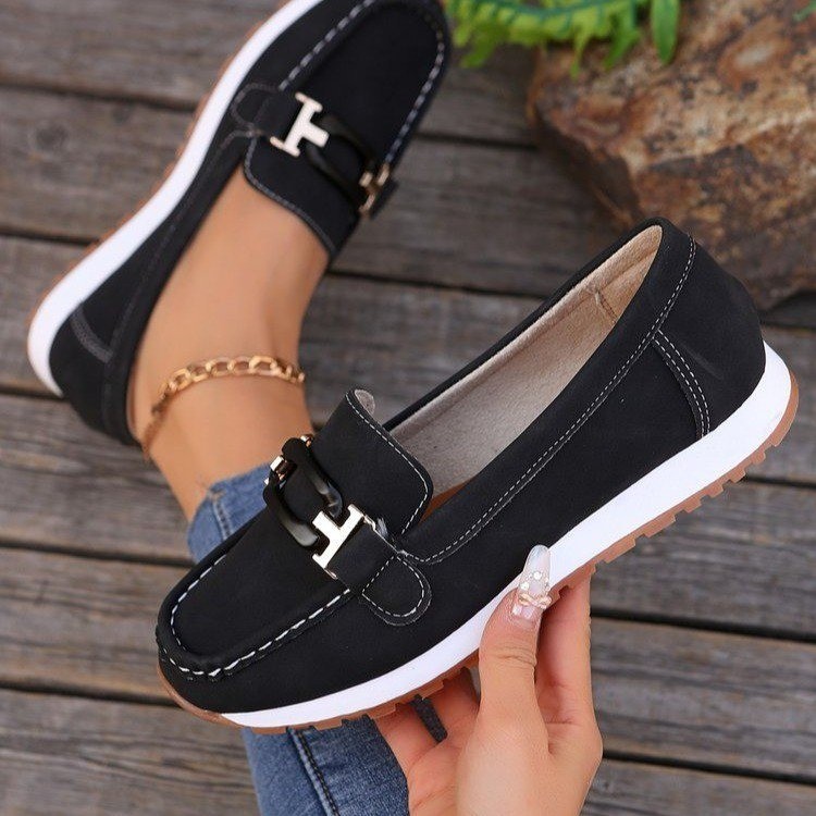 Wholesale of large-sized single-shoe women's 2025 autumn new style metal chain shallow-mouthed flat casual loafers for cross-border trade Specification drawing