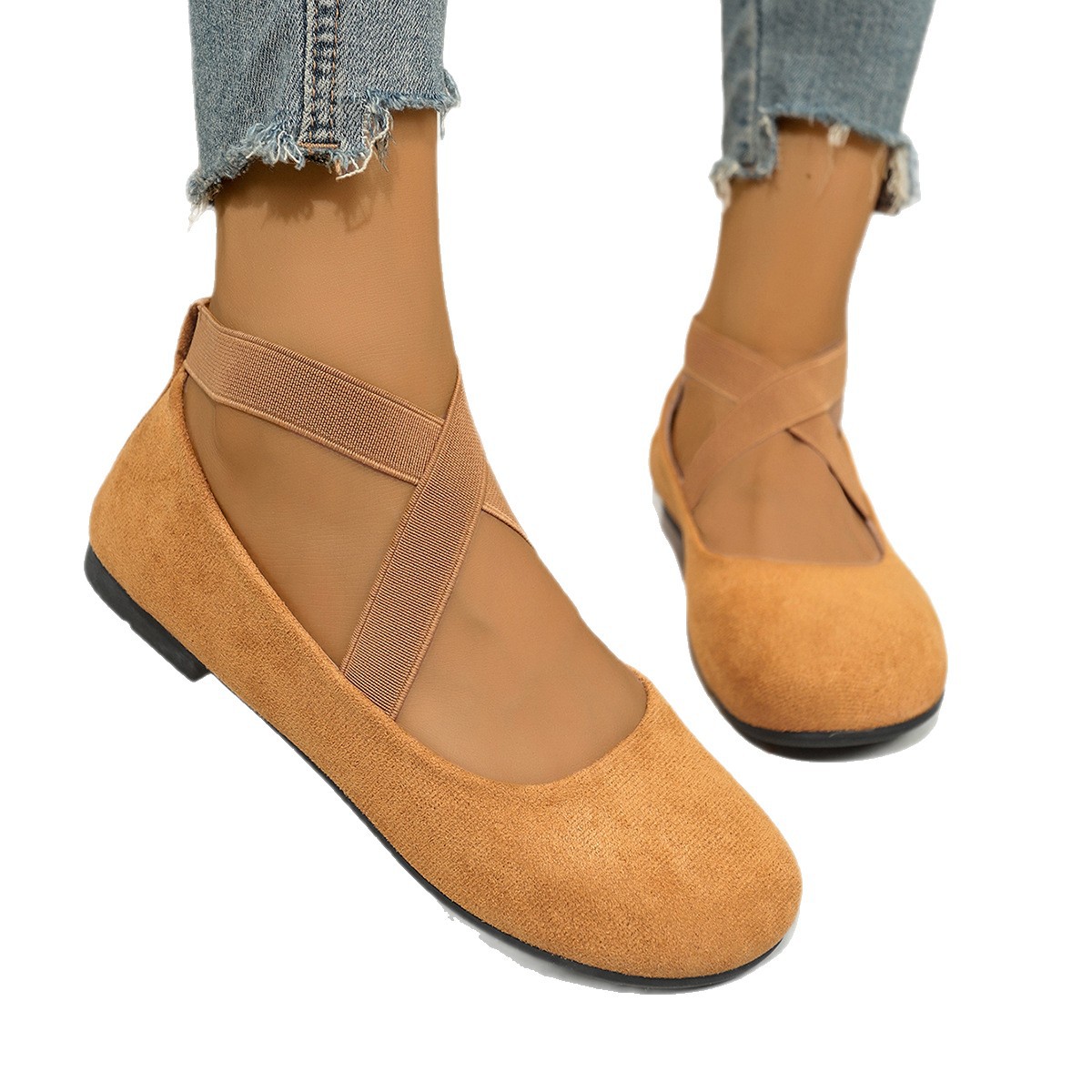 wish's new summer collection of European and American shallow-mouthed elastic lace-up round-toe women's shoes is a bestseller for flat dancing moms Item Picture