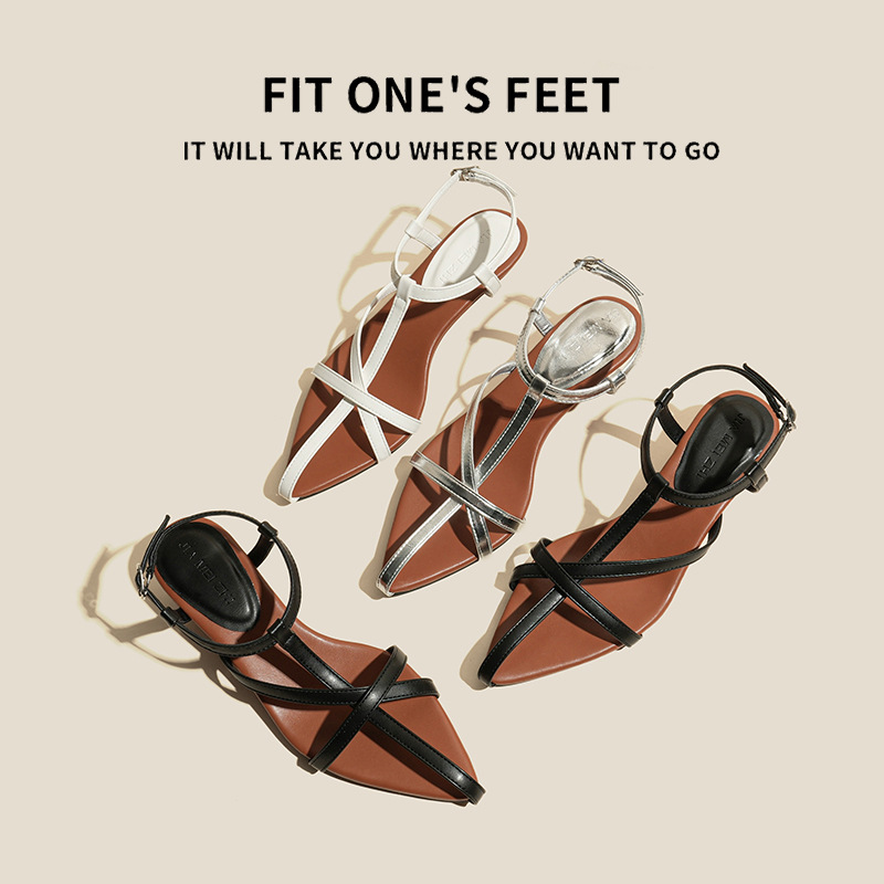 Sheepskin version ~ Genuine leather French crossover pointed-toe stiletto sandals for women, versatile one-strap fairy open-toe Roman shoes full figure