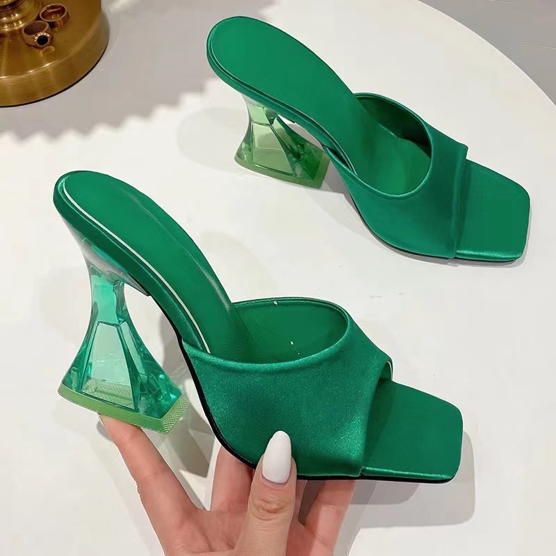 New foreign trade slippers for women 2024, European and American summer new high-heeled slippers, square-toed women's cool slippers, large size 40-43 details Picture