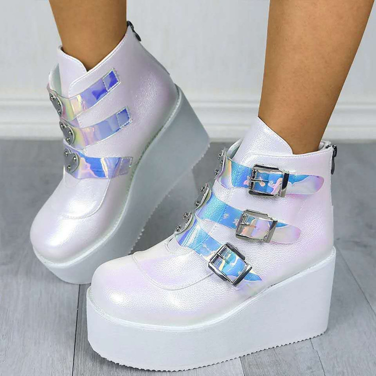 New 2020 Amazon foreign trade large-sized high-heeled matte boots, women's boots with belt buckle and wedge heels full figure