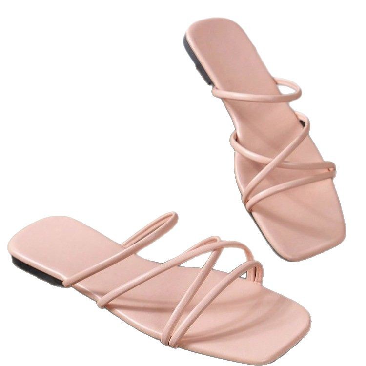 2025 New style of large-sized, thin-band, flat-bottomed one-piece slippers for women's cross-border open-toe casual beach slippers from Europe and America Item Picture