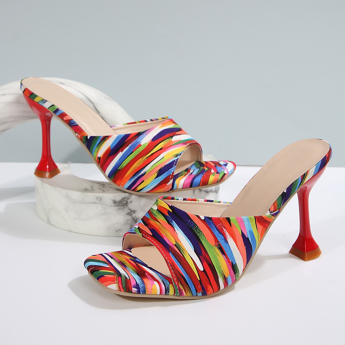 Cross-border summer European and American new fashionable square-toed, colorful thin-heeled sexy sandals for outerwear and photo shoot, cool slippers for women Specification drawing