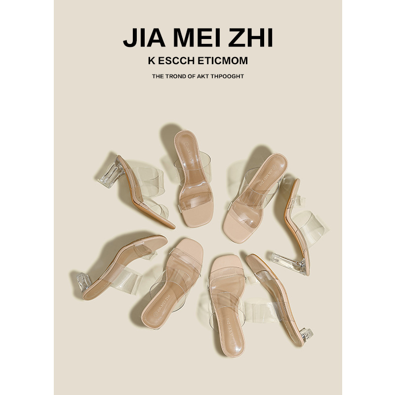 In stock ~ Transparent high heels for summer, crystal chunk-heeled sandals for women, new fairy-style half-flip-flops, French flip-flops details Picture