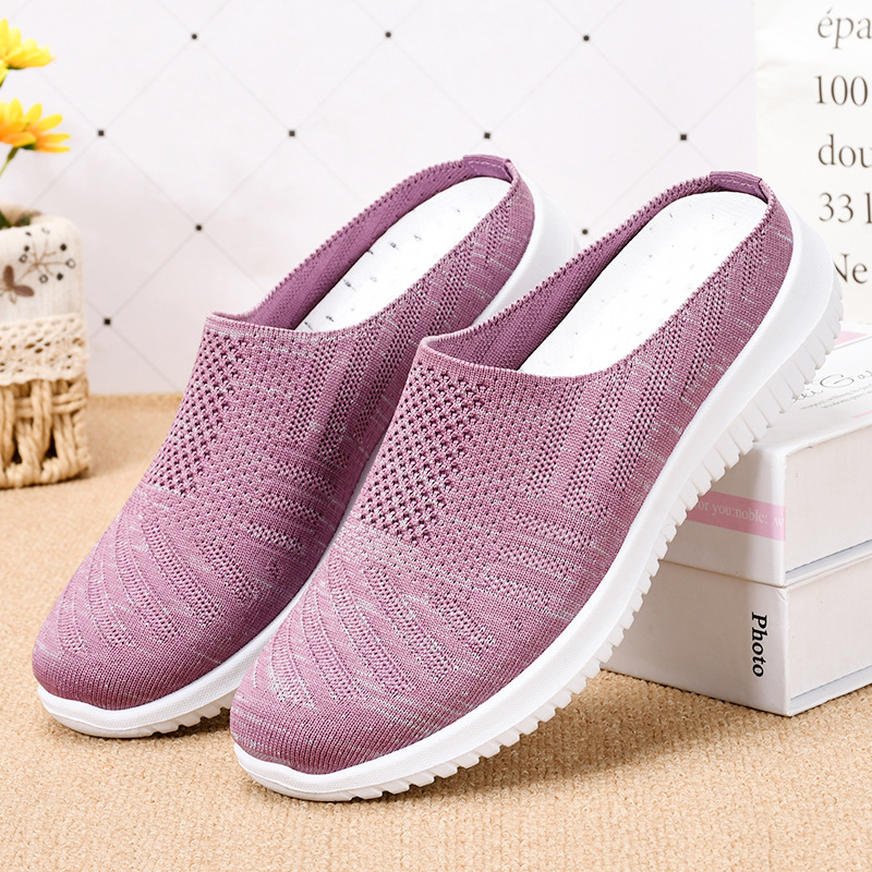 New women's slippers, one-step flip-top, half-drag, breathable flying woven shoes, soft-soled casual shoes, not tiring to the feet, mom shoes full figure
