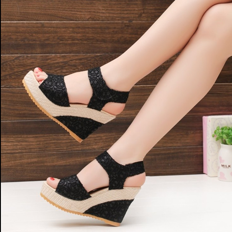 2021 Summer New style fashionable sponge sandals, Korean-style mesh Velcro high-heeled fish-mouth wedge sandals for women in stock Specification drawing