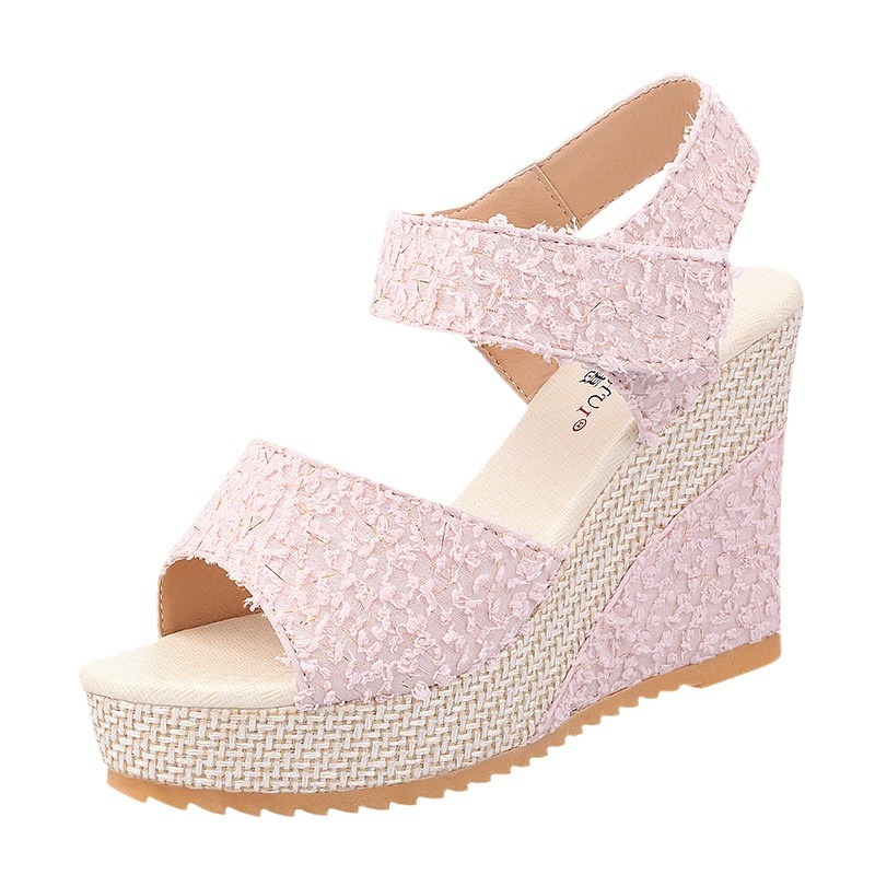 2024 Summer new Korean-style wedge heel fish-mouth sandals for women's casual casual muffin thick-soled high-heeled Velcro women's shoes are available for distribution Item Picture