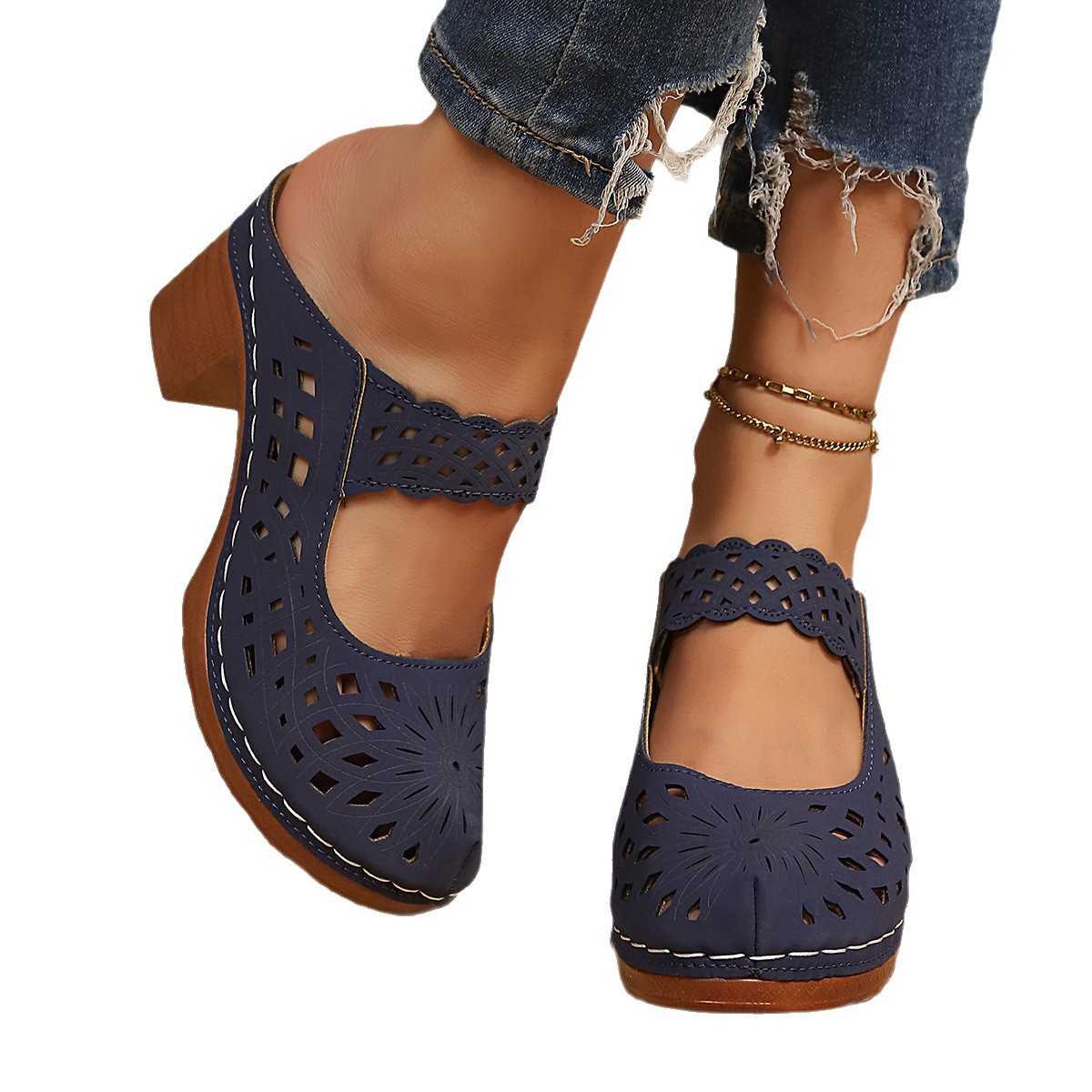 Baotou half-slipper women's outerwear 2025 Summer new soft leather mid-heel soft sole European and American style hollowed-out mom sandals for women Item Picture