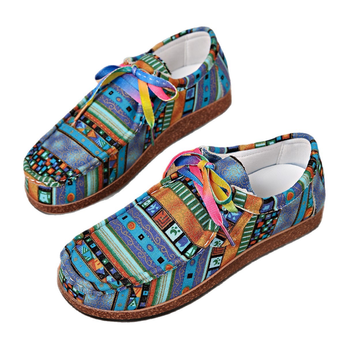 Cross-border trade large-sized ethnic style casual single shoes for women, colorful lace-up graffiti low-top canvas shoes, flat thick-soled shoes Item Picture
