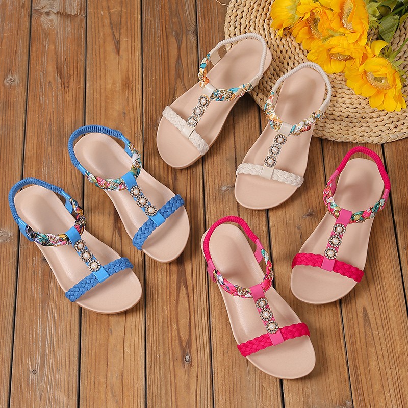 Summer 2025 flat open-toe sandals, Korean-style fashionable rhinestone anti-slip student beach shoes, women's shoe trend Specification drawing