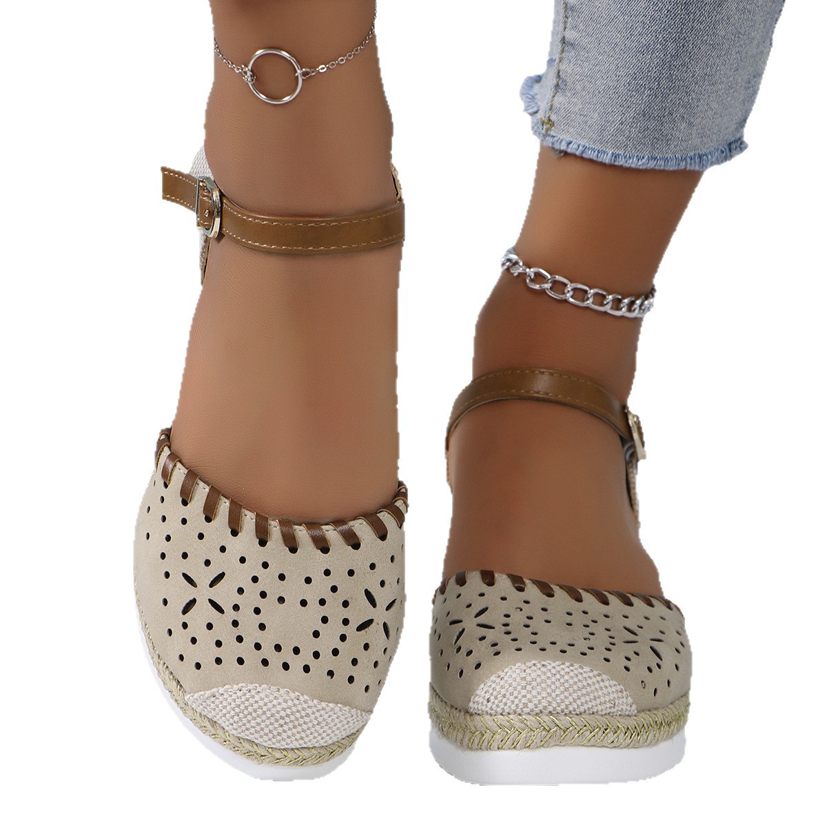 Cross-border trade large-sized color-blocked backheel sandals, wedge heels, lightweight hemp rope woven buckle women's shoes, thick soles, cool Item Picture