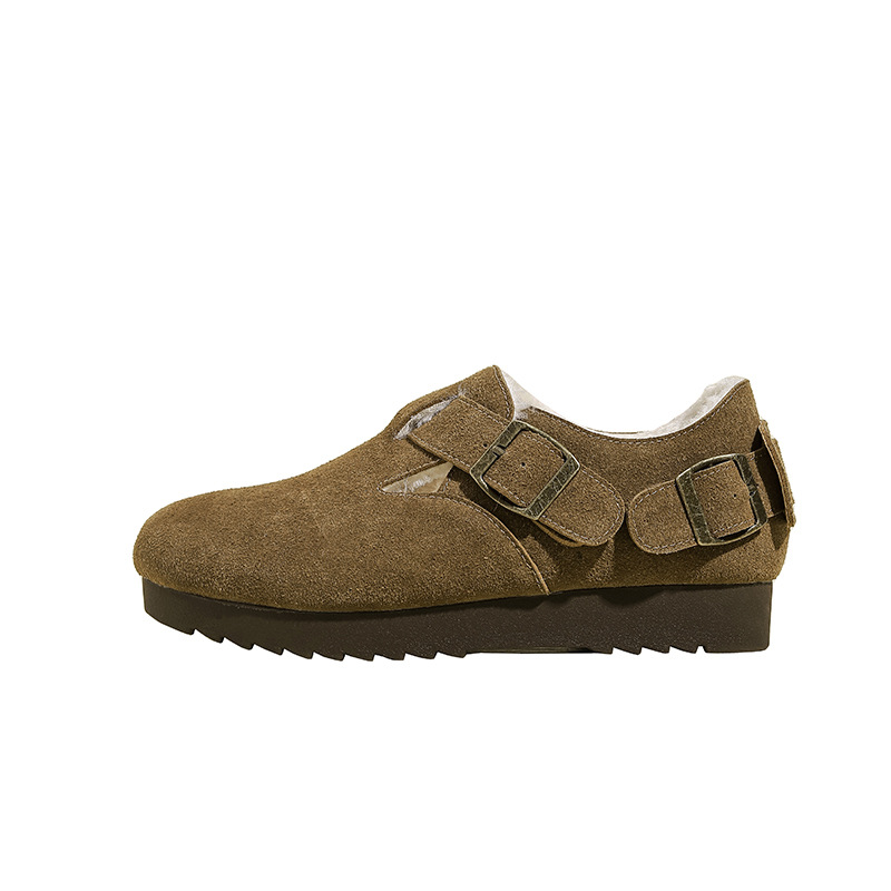 Retro fleece round toe thick-soled Boken women's 2024 autumn/winter new soft leather furry shoes and bean shoes for outerwear wholesale Item Picture