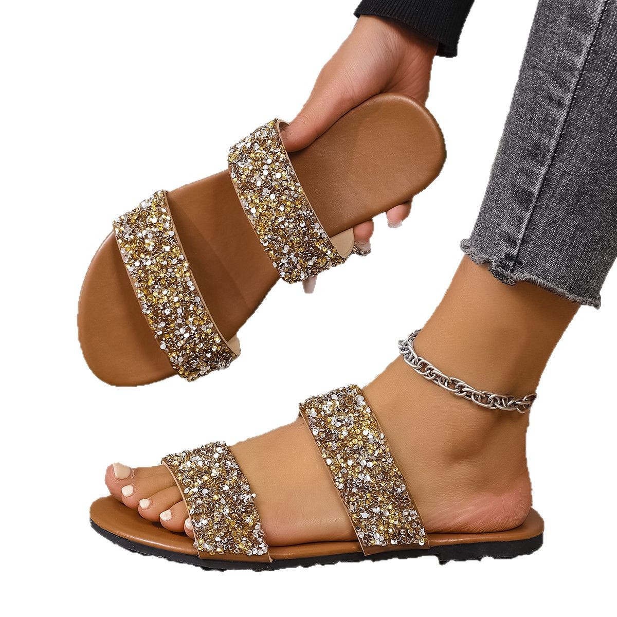 New Korean-style sequined outerwear flat slippers, large-sized casual women's sandals, and popular beach shoes for foreign trade Item Picture
