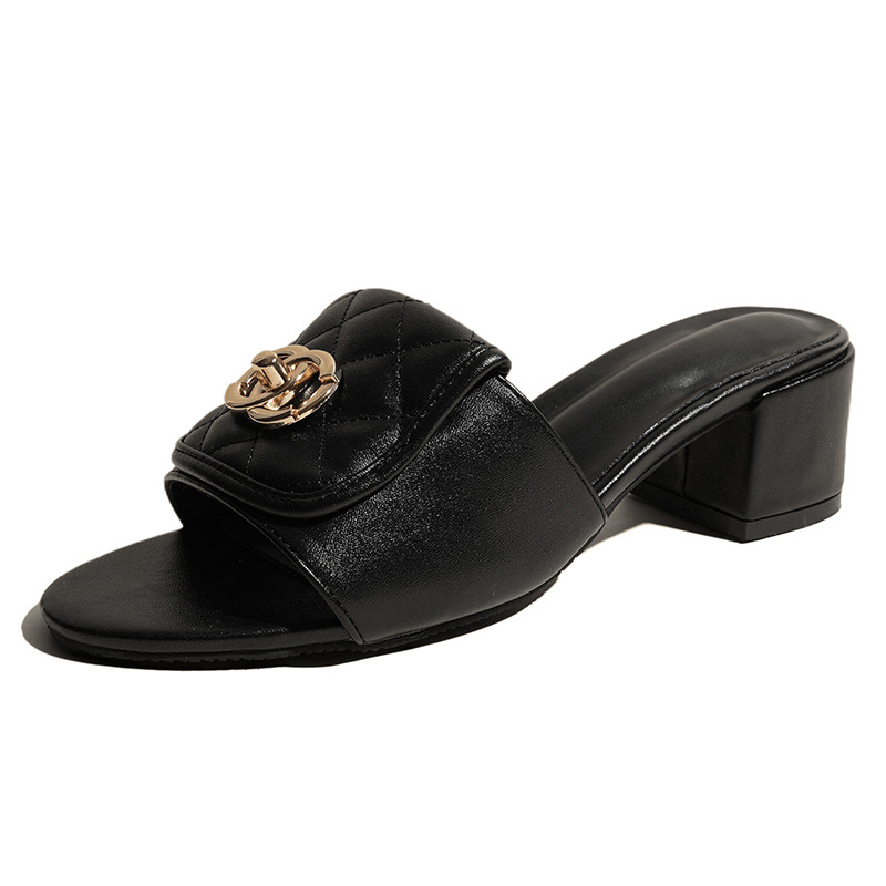 C Family's diamond-shaped schoolbag buckle 2025 Little Chanel Summer new one-shoulder fashionable outerwear French high-heeled slippers for women Item Picture