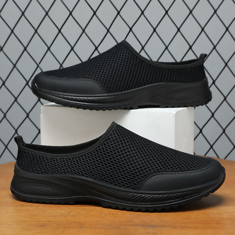 Men's summer slippers, half-slipper, one-step lazy shoes, breathable and non-smelly, net shoes, solid-colored men's shoes, casual shoes full figure