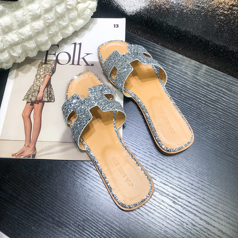 2023 in-stock wholesale new summer sparkling slippers for women, versatile and fashionable flip-flops, beach cool slippers for women Specification drawing