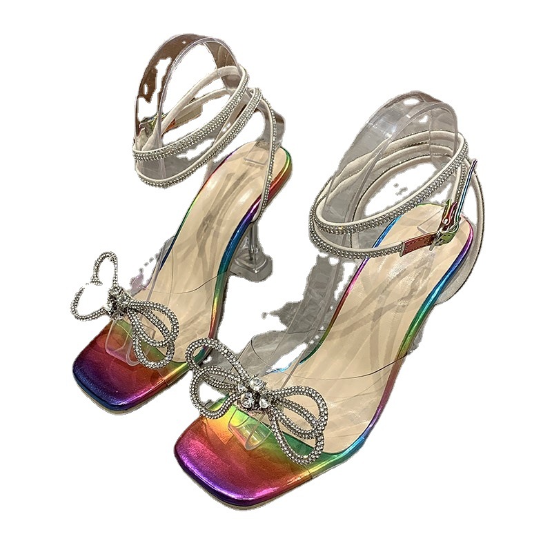 Cross-border trade AliExpress 35-43 Sexy crystal transparent wine glass heel sandals water diamond bow sandals for women Item Picture