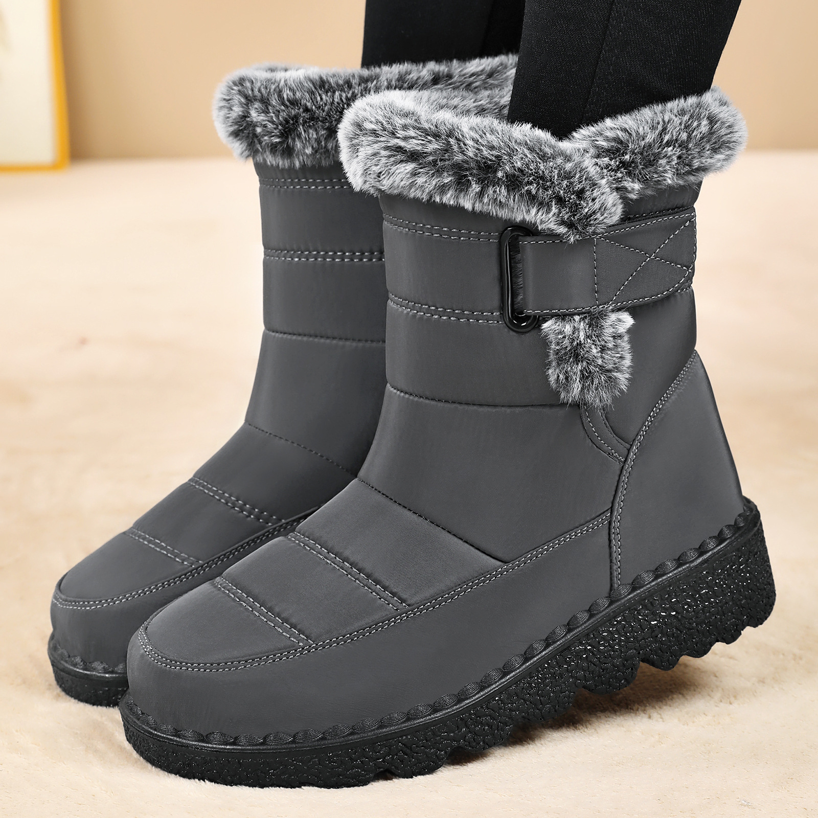 Women's shoes, snow boots, cross-border large-sized polyurethane cotton shoes, fleece and thickened long cotton boots, cold-proof and warm women's boots details Picture