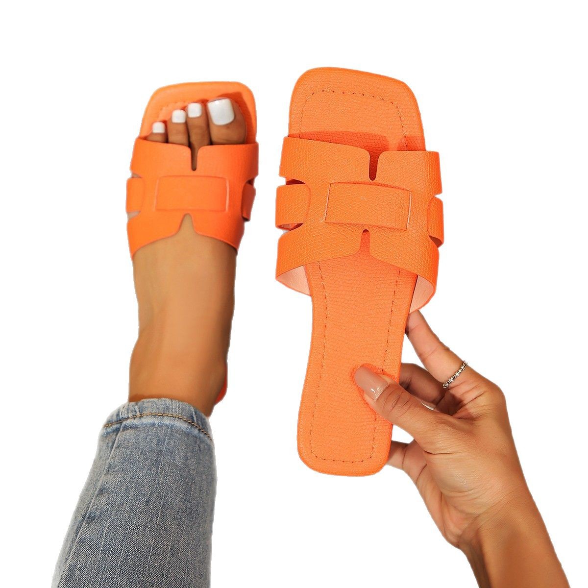 Korean solid color flat Slippers for women Slippers European and American foreign trade square head breathable one-foot home slippers for women Item Picture