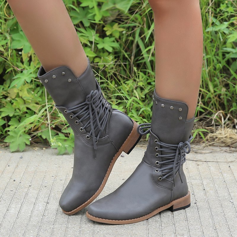 wish AliExpress's new mid-calf boots for women in the 2020 autumn/winter season, featuring European and American soles, square heels, riveted large-sized riding boots details Picture