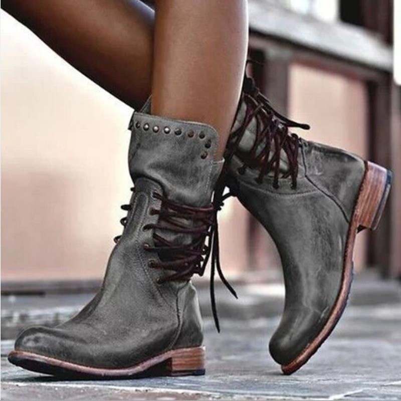 Women's mid-calf boots for export 2023 autumn/winter, European and American short boots, cross-border retro Martin boots, riveted plus-size women's boots details Picture