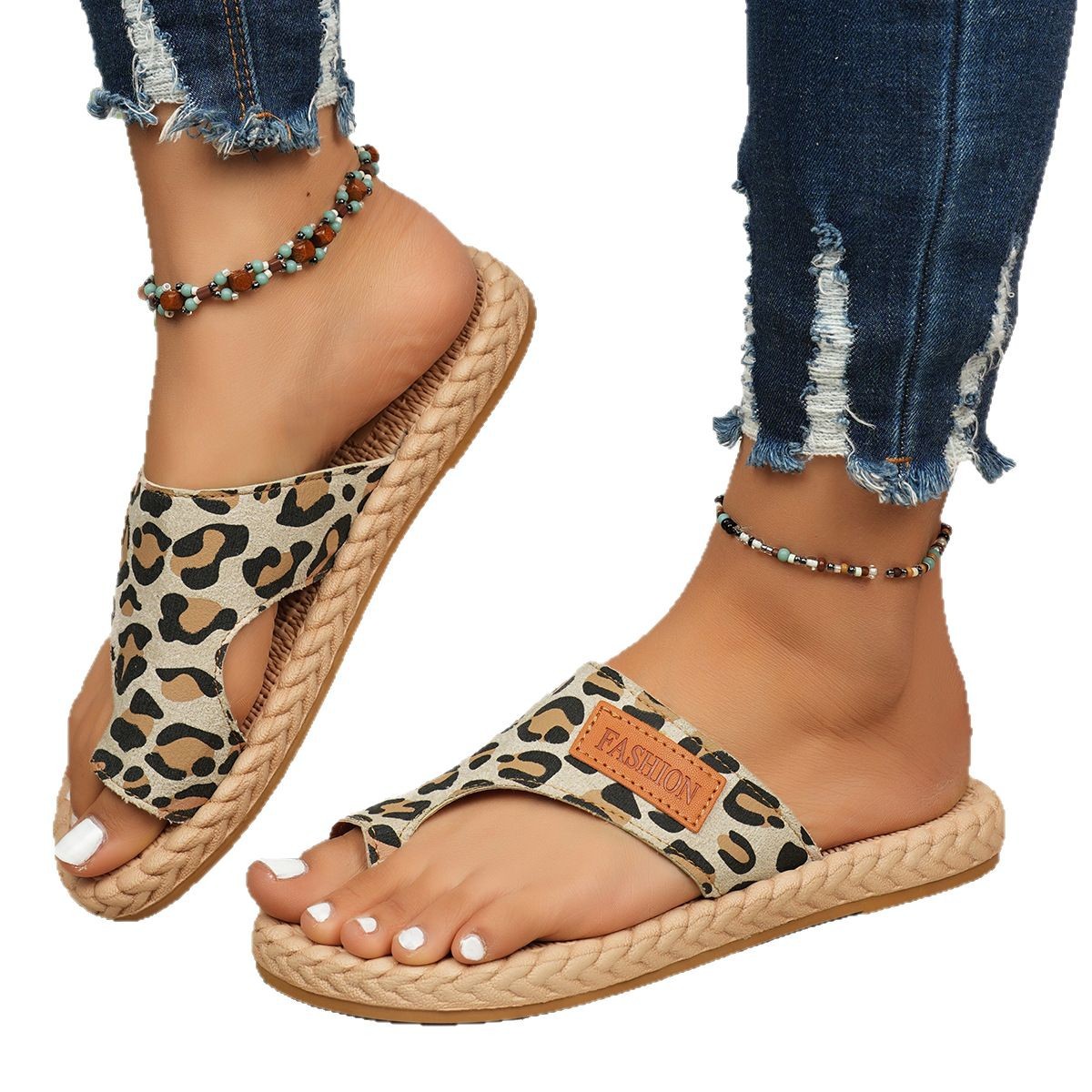 wish2025 Summer New style outerwear flip-top flat leopard print cool slippers for women, cross-border large-sized women's shoes Item Picture