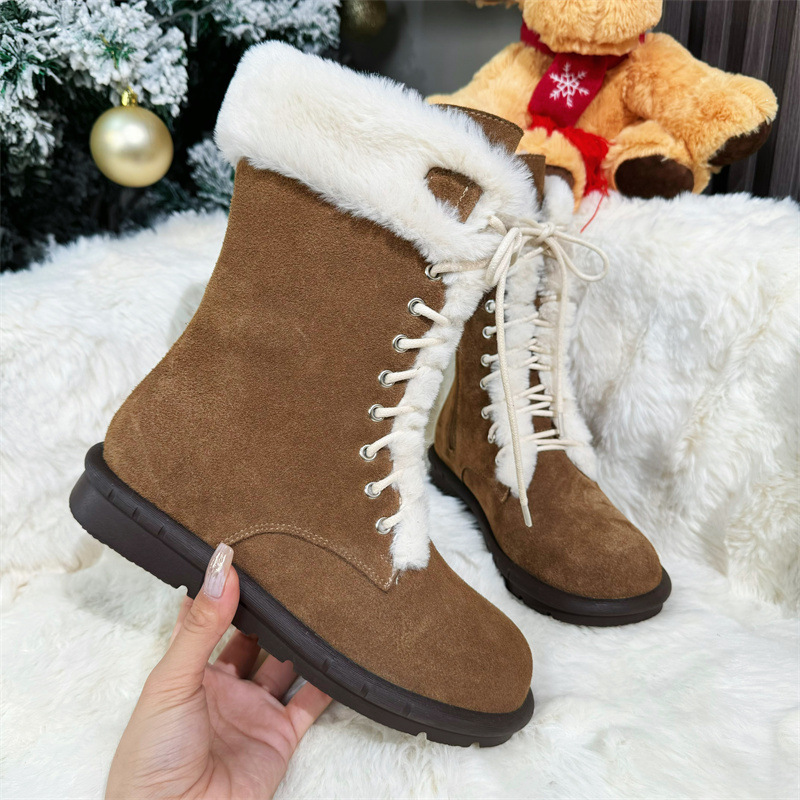 New vintage thick-soled fleece riding boots made of full leather with insole height increase, warm mid-calf Martens laced fur snow boots details Picture