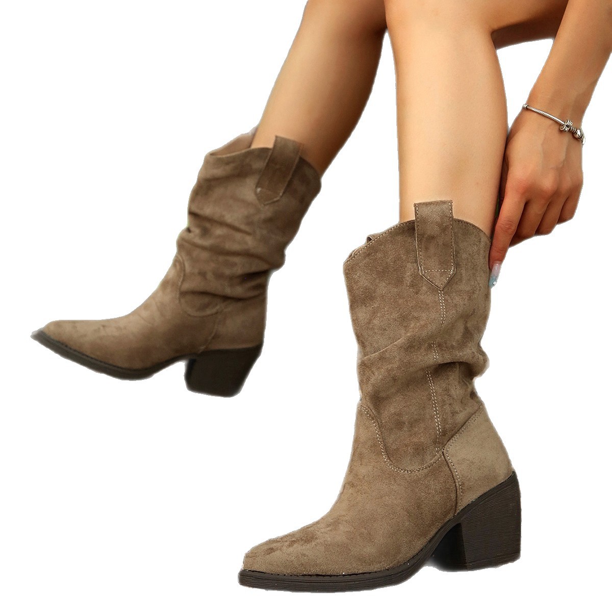 Chunky-heeled retro mid-length boots for women 2025 new autumn and winter, pointed-toe Western denim boots, cross-border boots Item Picture