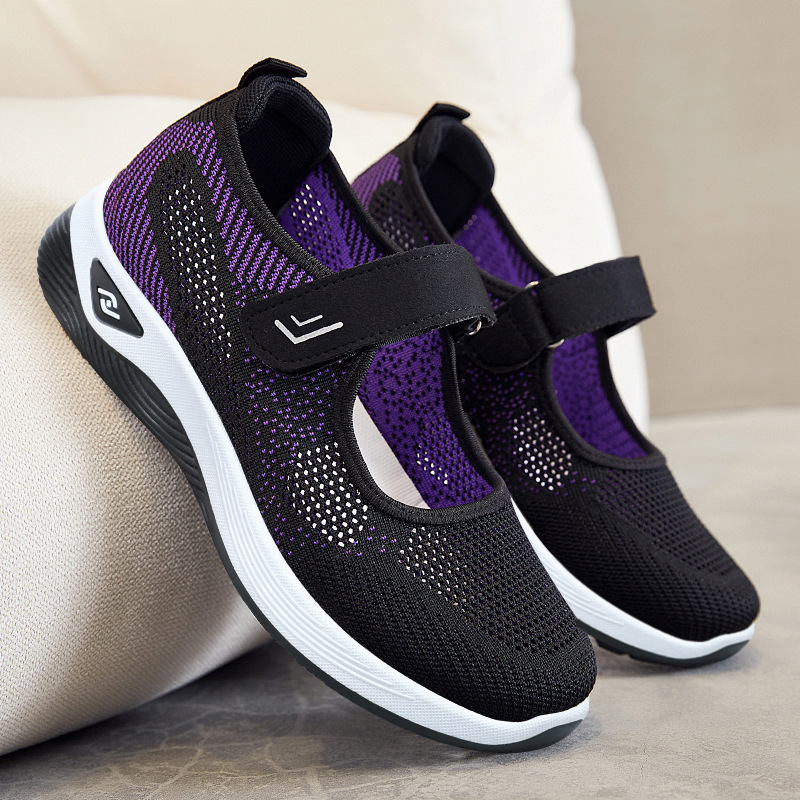 Shoes for women, middle-aged and elderly mothers, shallow-mouthed breathable flat shoes, flying woven casual shoes, Velcro walking shoes, and shoes for the elderly details Picture