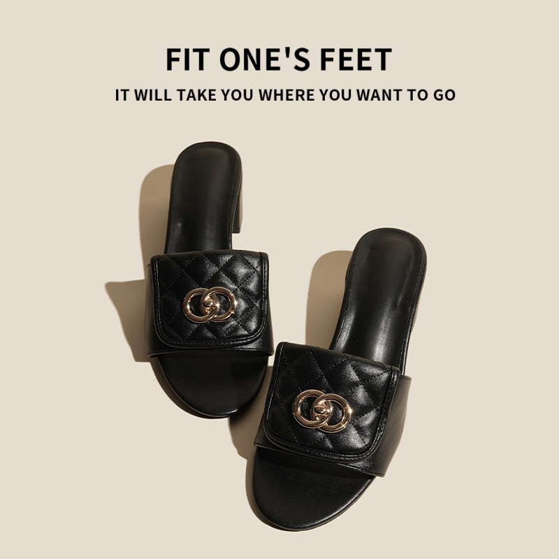 C Family's diamond-shaped schoolbag buckle 2025 Little Chanel Summer new one-shoulder fashionable outerwear French high-heeled slippers for women details Picture