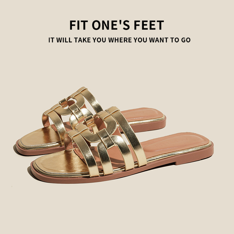 Upgraded version ~ Su Yinyin's same style French one-line casual beach flat breathable slippers for women to wear outside in summer details Picture