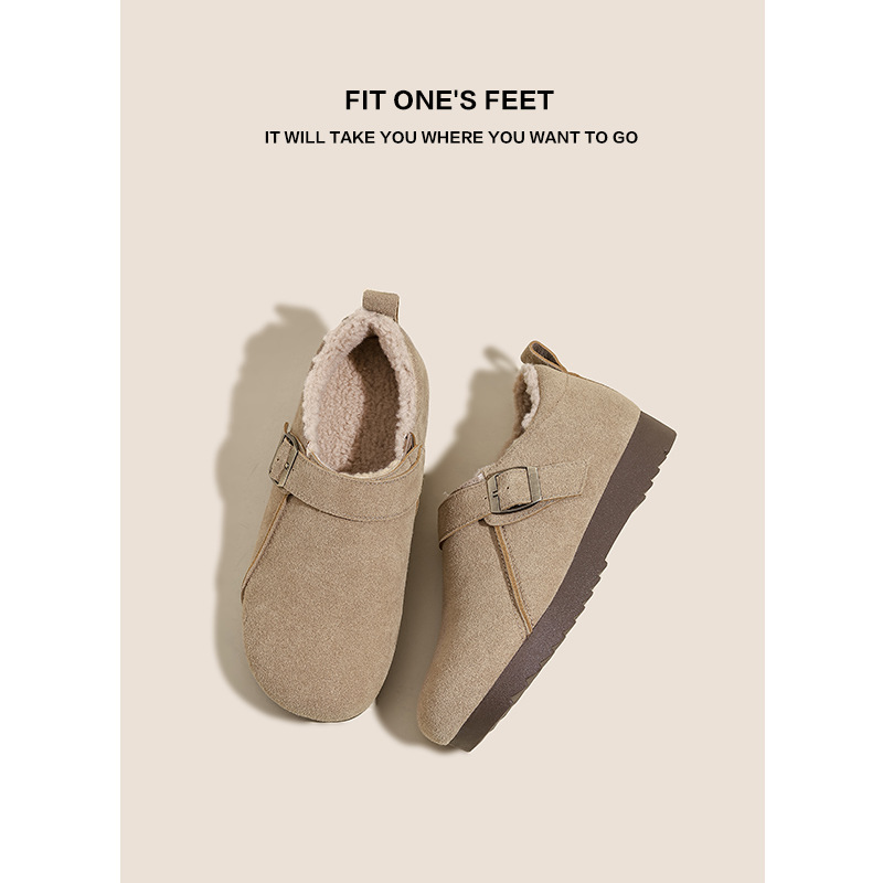 Large-sized insole leather soft-soled Burken shoes for women's 2024 winter new round toe one-button casual and versatile cotton shoes details Picture
