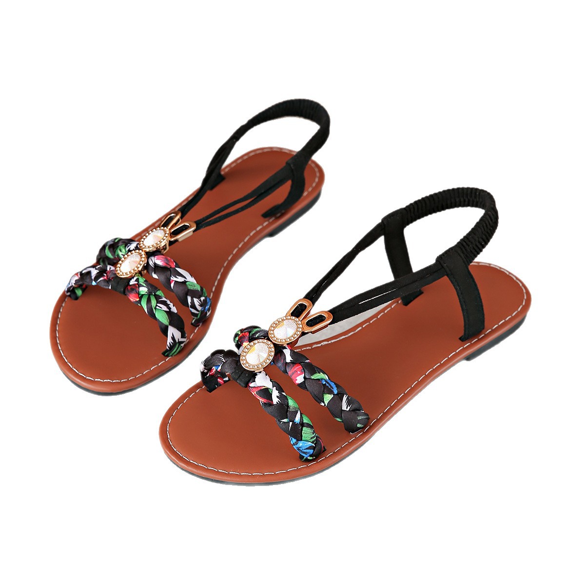 Bohemian-style women's sandals 2025 Summer new style colorful woven beaded round-toed comfortable flat sandals Item Picture