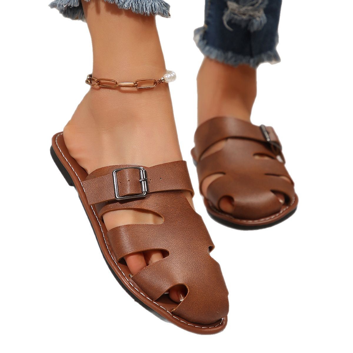 2025 European and American Baotou belt-buckle women's slippers Cross-border wish New 43-size foreign trade women's shoes summer wear beach shoes Item Picture