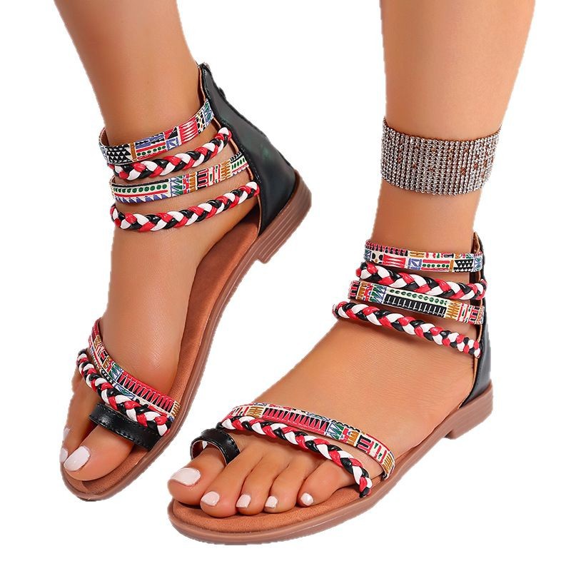 2025 New Summer Bohemian ethnic style colorful patchwork Roman women's plus-size flat sandals 41-43 Item Picture