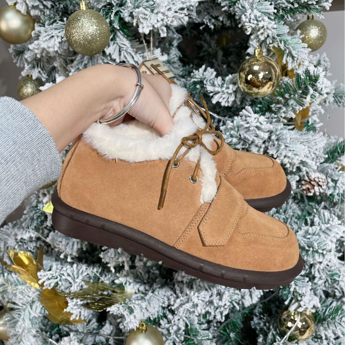 2023 Winter cowhide round toe insole height-increasing snow boots for women, retro lace-up warm sheepskin style snow boots Specification drawing