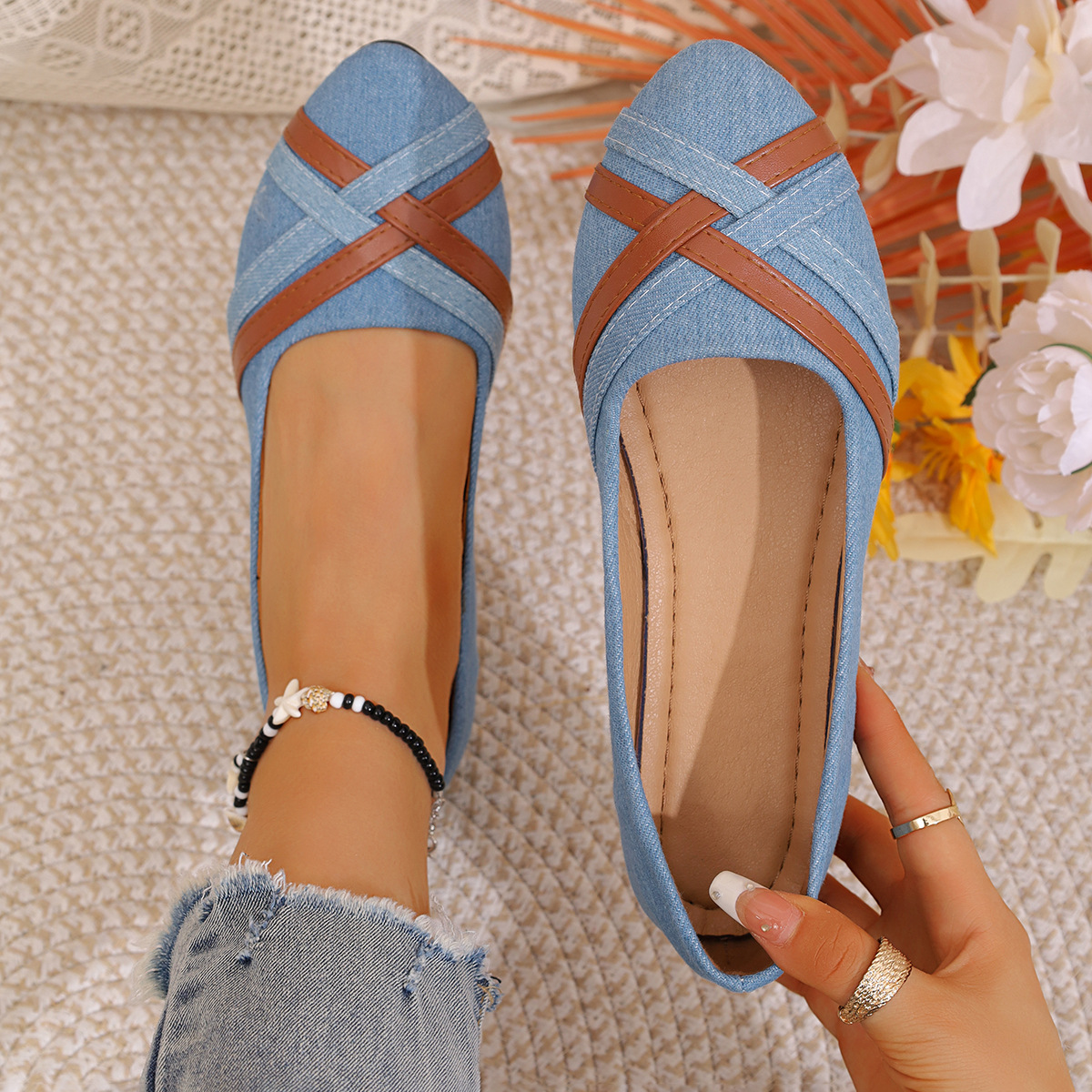 Women's fashion denim plus-size women's shoes 2025 new round toe flat single shoes Women's shallow toe one-foot casual shoes full figure