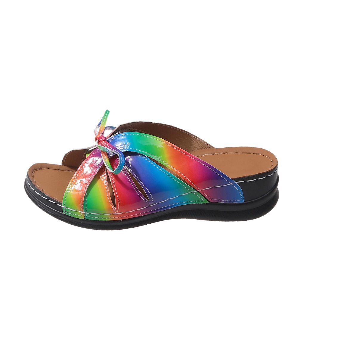 Cross-border foreign trade 2025 New style slippers Women's wedge heel thick-soled sandals rainbow bow anti-slip round head decoration lightweight Item Picture