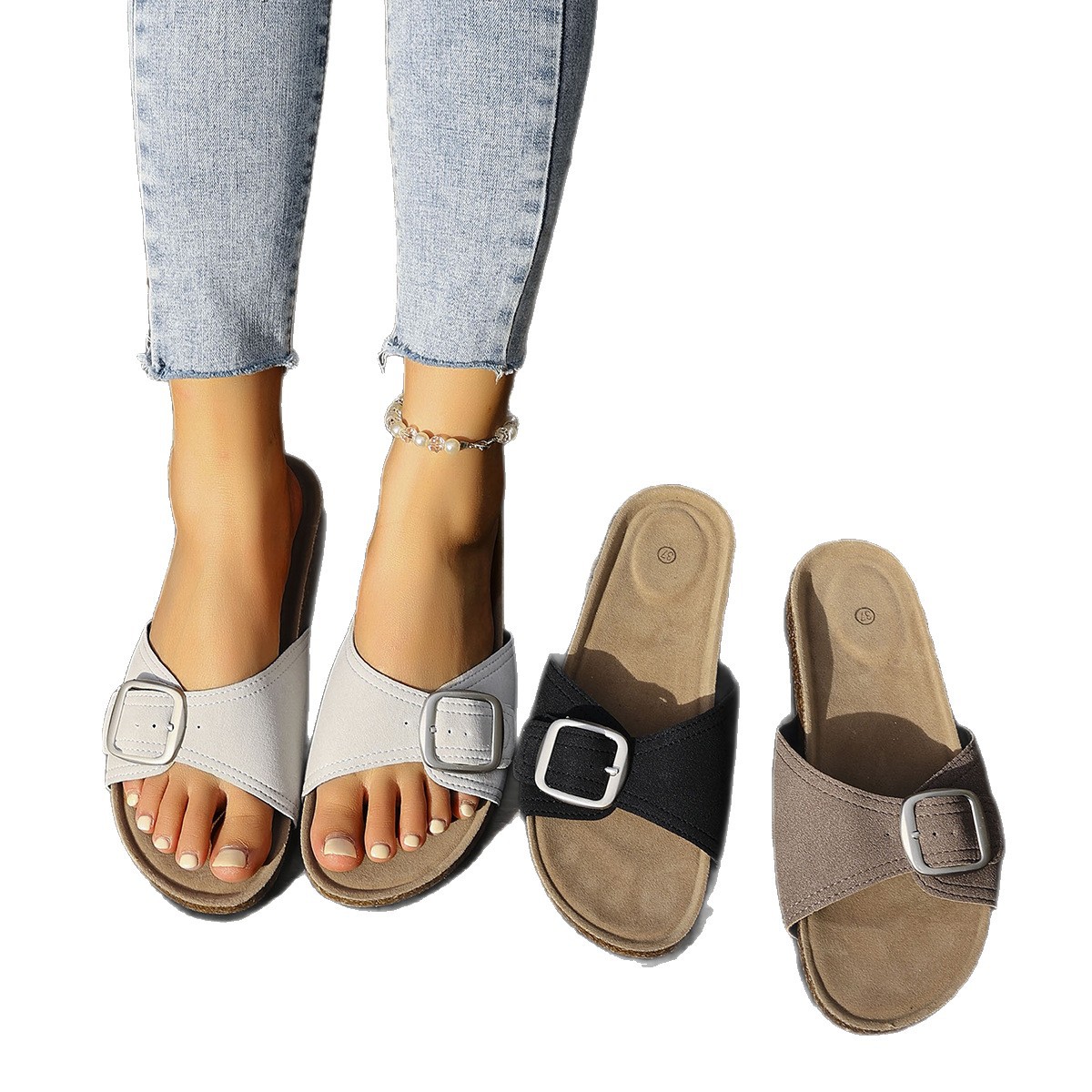 2025 New style of foreign trade flat slippers, thick-soled buckle beach casual slippers, women's outdoor one-line slippers, cork slippers Item Picture