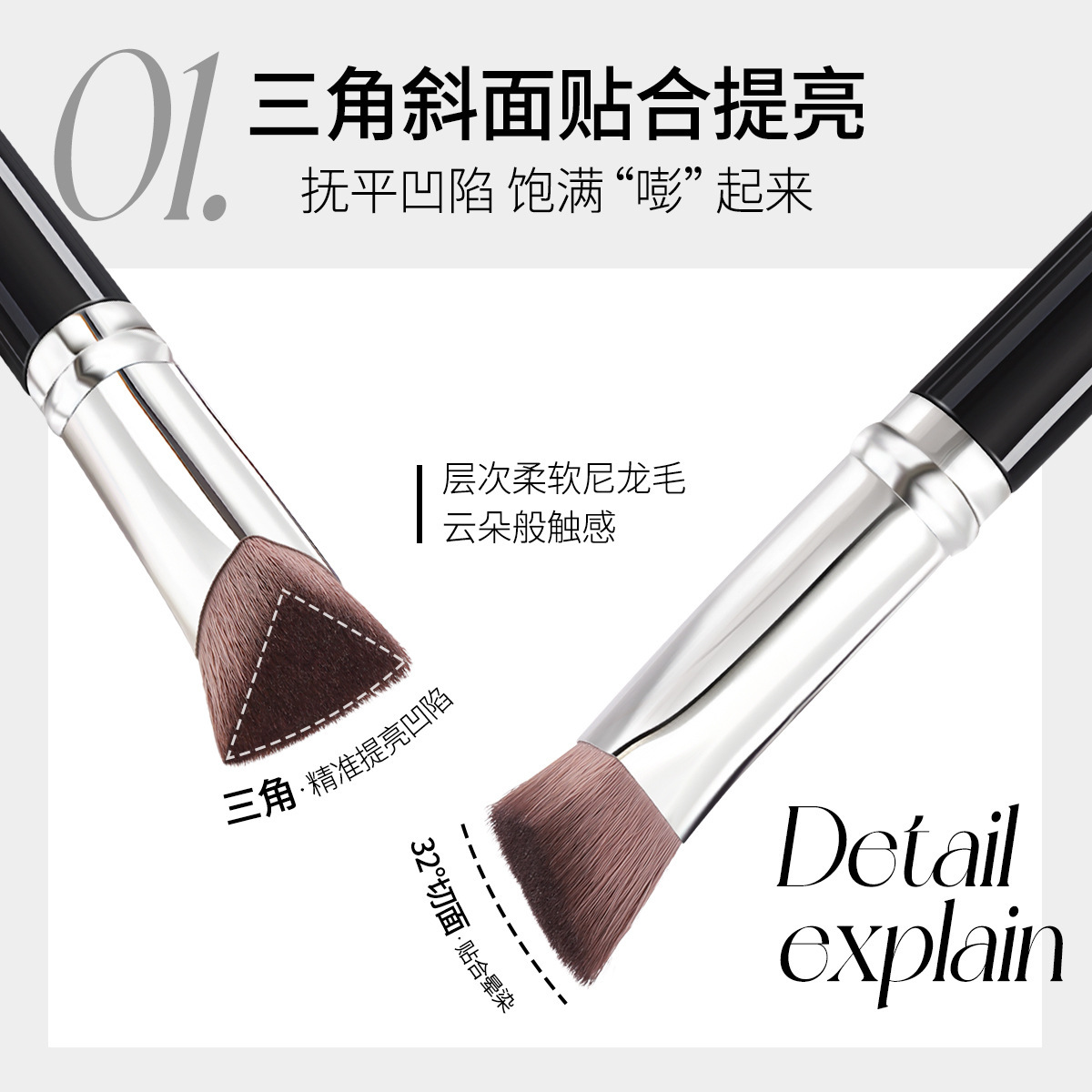NOVO9136 triangular high-gloss ironing brush precisely fits and blends, evenly applies makeup without clumping, and features soft nylon bristles details Picture