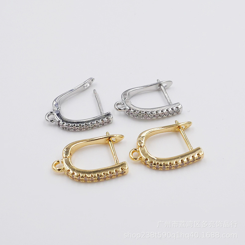 铜耳环电镀18K金色耳环U形镶锆石耳扣配件首饰批发详情1