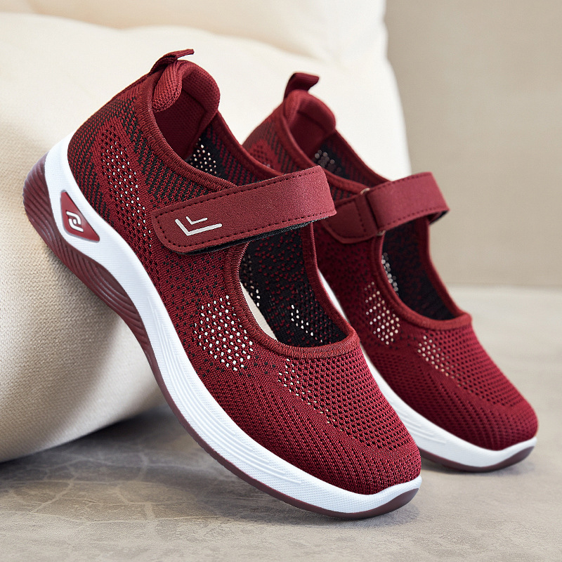 Shoes for women, middle-aged and elderly mothers, shallow-mouthed breathable flat shoes, flying woven casual shoes, Velcro walking shoes, and shoes for the elderly Specification drawing