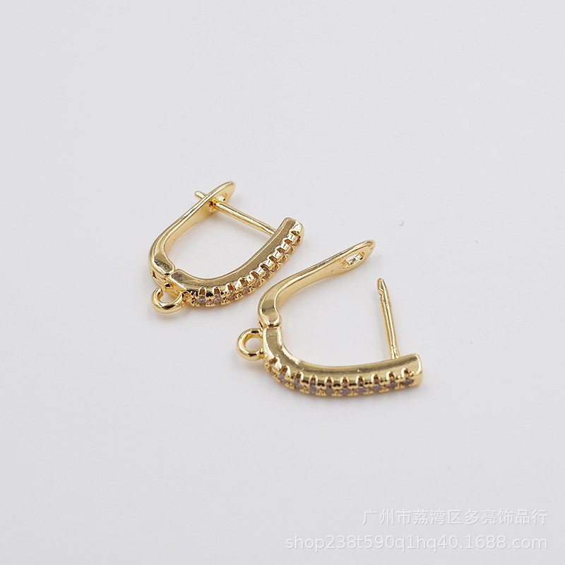 铜耳环电镀18K金色耳环U形镶锆石耳扣配件首饰批发详情3