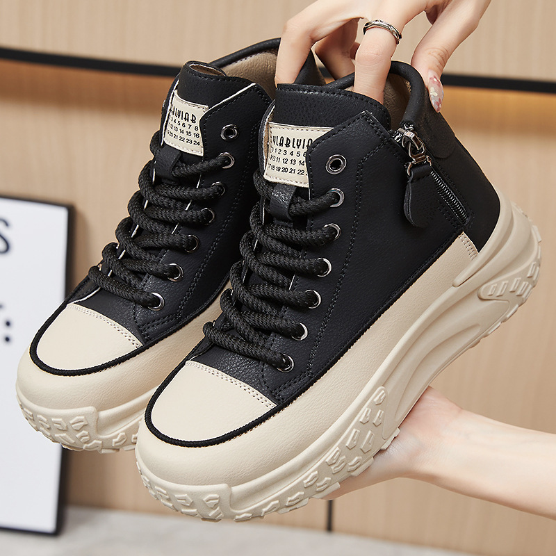 Women's casual shoes, large-sized versatile women's shoes, side zipper mid-calf shoes, comfortable and not tiring to the feet, single shoes, thick-soled height-increasing shoes full figure