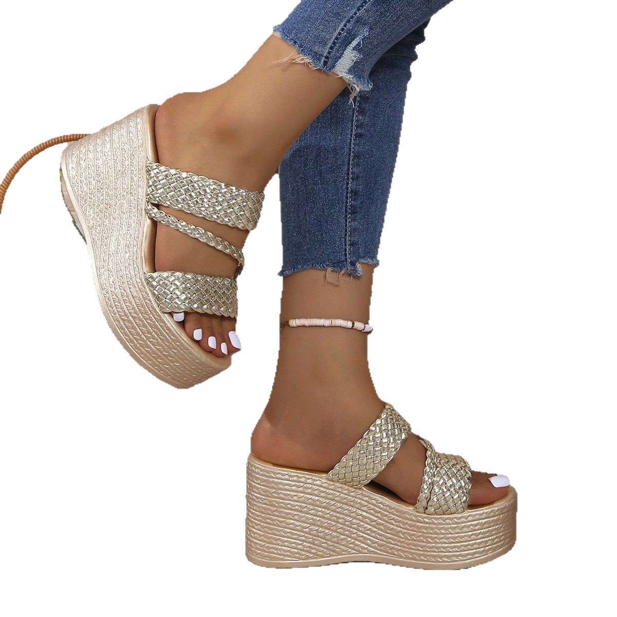 2025 Summer new style slope Heel Fish mouth export 43 large size cool slippers for women, European and American style beach outerwear thick-soled slippers Item Picture