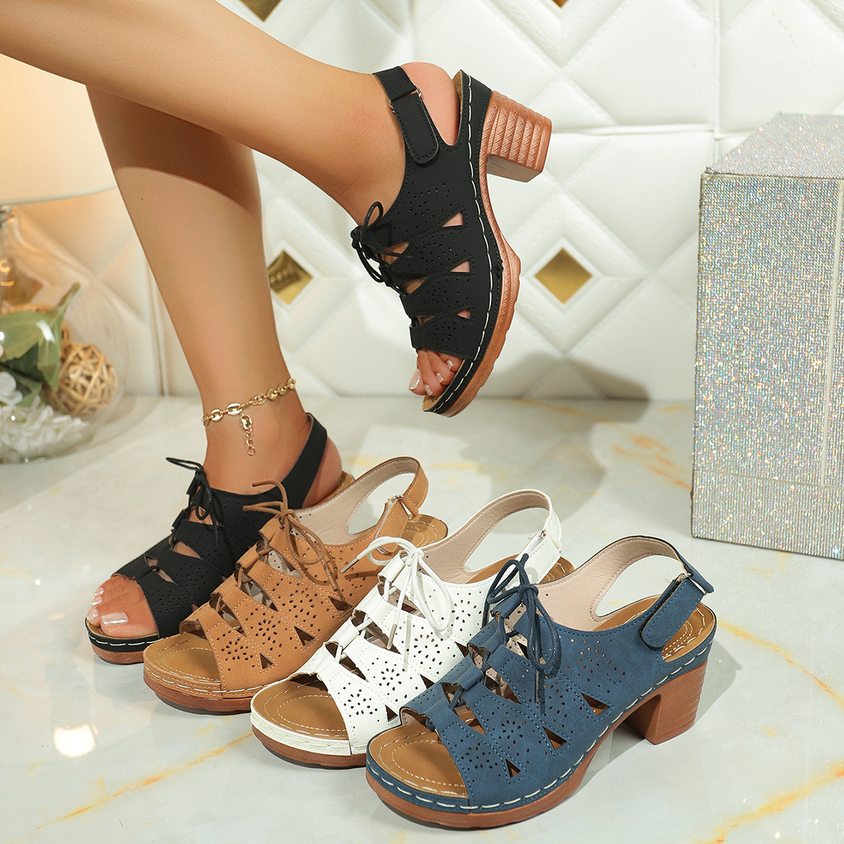 Cross-border large-sized one-strap new fish-mouth high-heeled sandals for women 2025 New European and American thick-heeled large-sized lace-up sandals Application Scenario